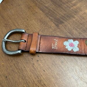 Fossil Brown Leather Belt with Floral Embroidery